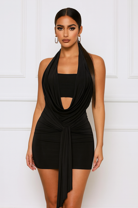 Draped Cowl Halter Mini Dress