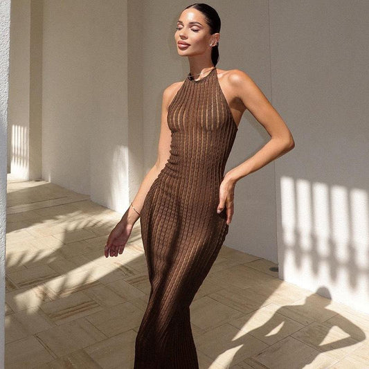 Peachy Mocha Halter Maxi Dress