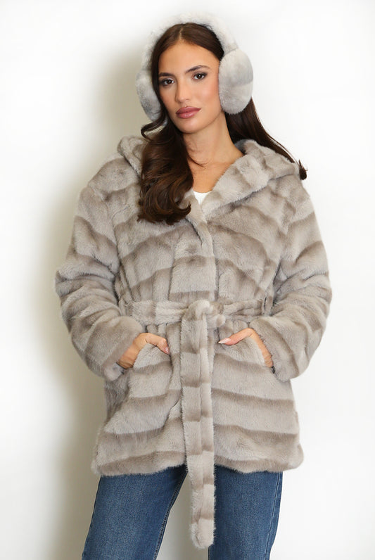 Faux Fur Belted Hooded Coat