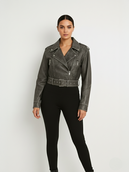 Washed PU Biker Jacket